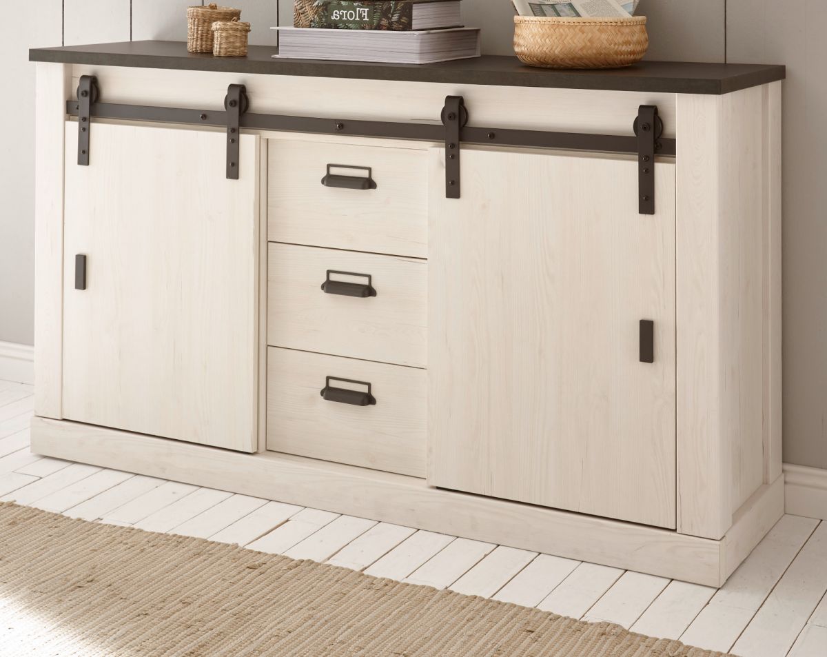 Büro Kommode Stove in weiß Pinie und anthrazit Landhaus 162 x 91 cm