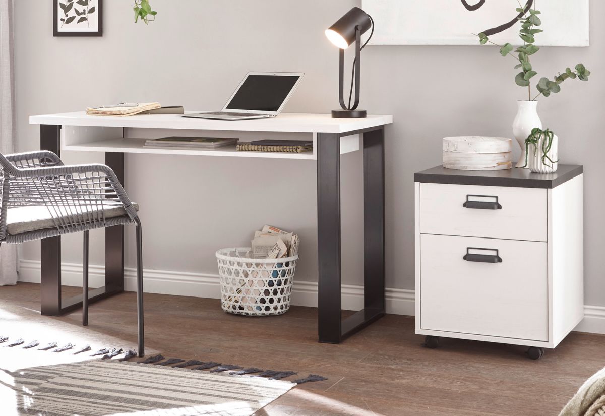 Schreibtisch Set Stove in weiß Pinie und anthrazit Landhaus 165 x 60 cm