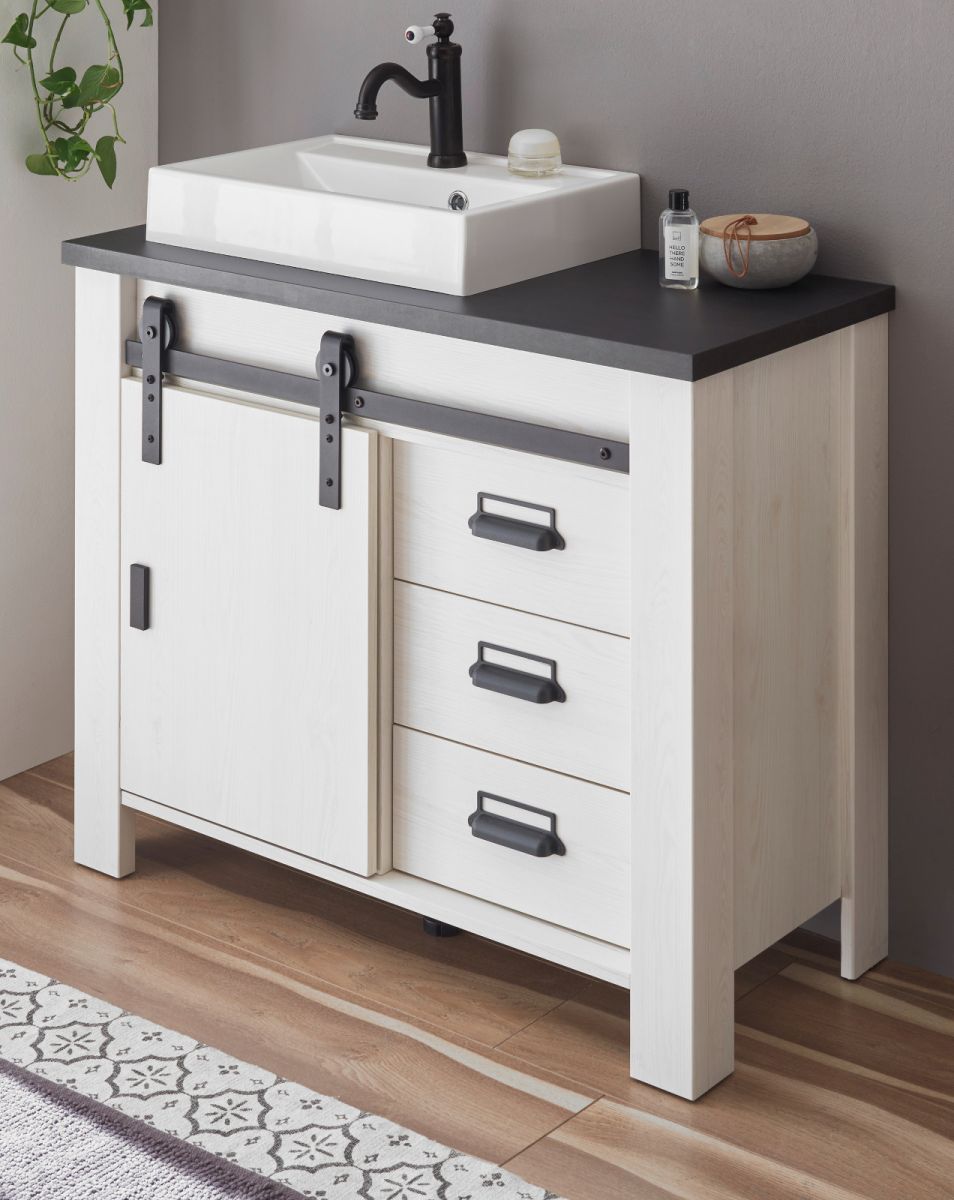 Waschbeckenunterschrank mit Waschbecken Stove in weiß Pinie Landhaus 95 cm