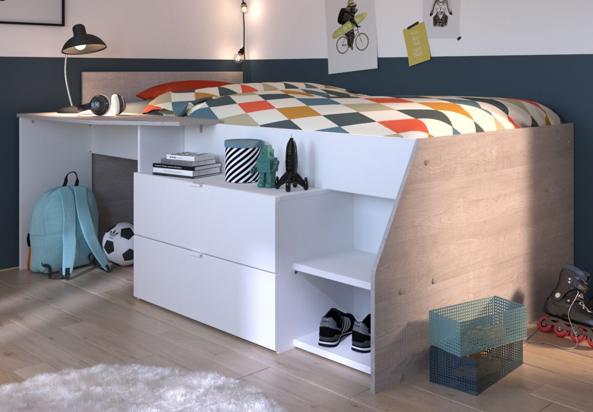 Parisot Hochbett 'Milky1' in weiß und grau Loft Kinder- und Jugendzimmer Bett mit Stauraum