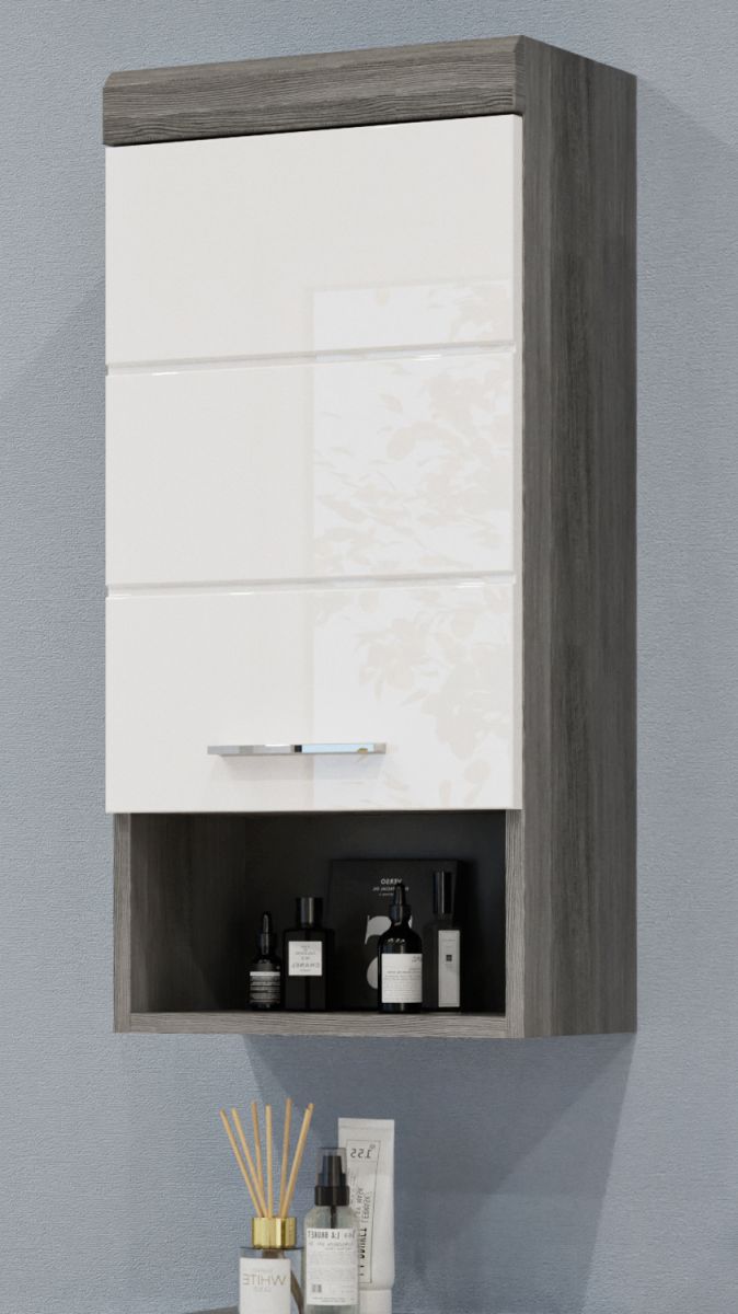 Badezimmer Hängeschrank 'Scout' in weiß Hochglanz und Rauchsilber grau Badschrank 37 x 79 cm