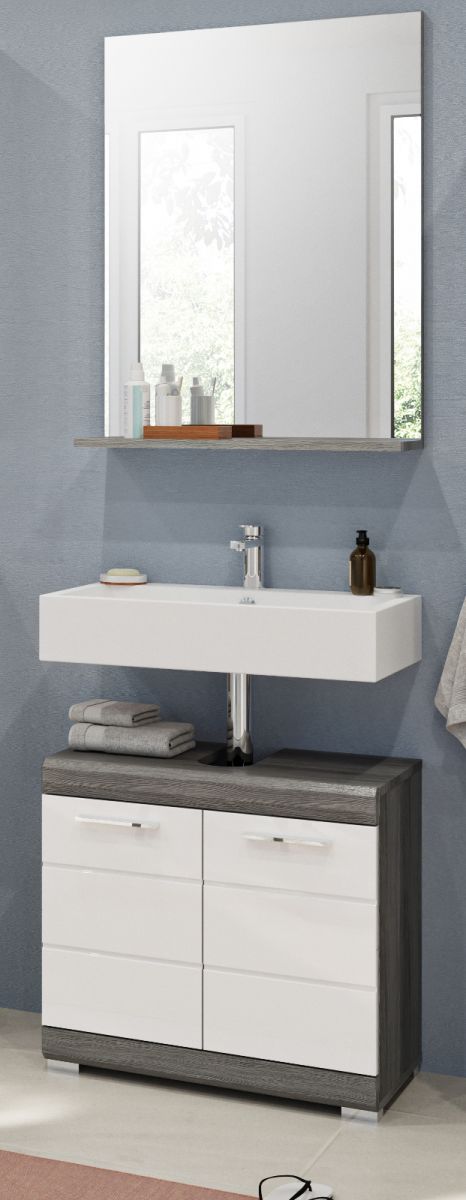 Badmöbel Set 2-teilig 'Scout' in weiß Hochglanz und Rauchsilber grau mit Waschbeckenunterschrank und Badspiegel 60 cm