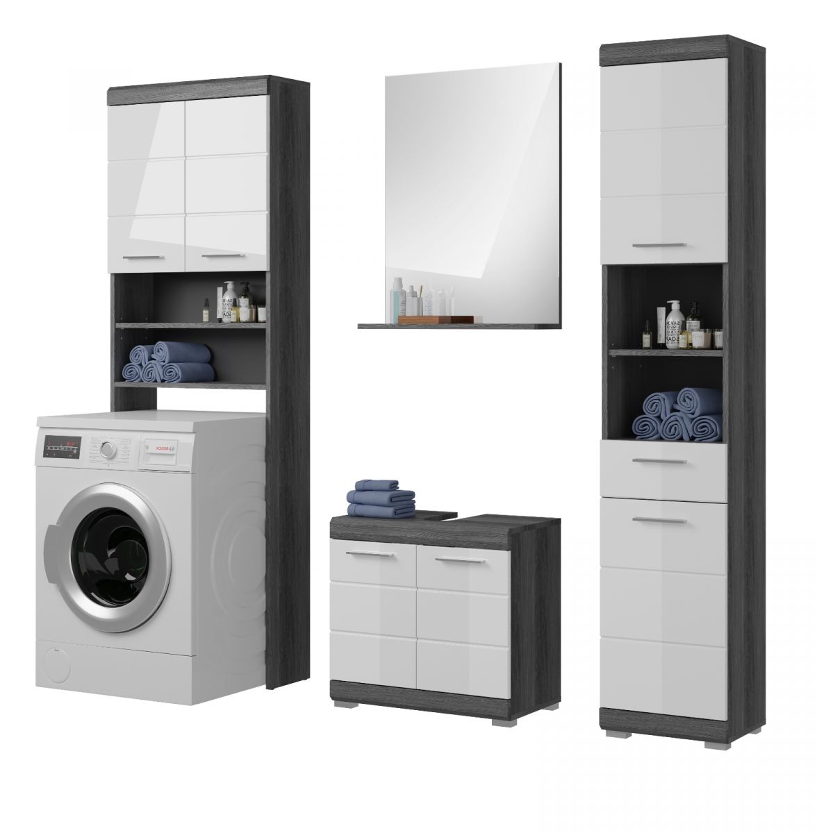 Badmöbel Set Shawn in weiß Hochglanz und grau 4-teilig 190 cm