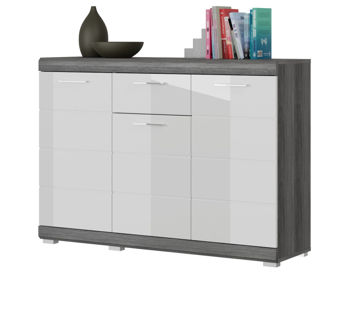 Sideboard Shawn in weiß Hochglanz und Rauchsilber grau 120 cm
