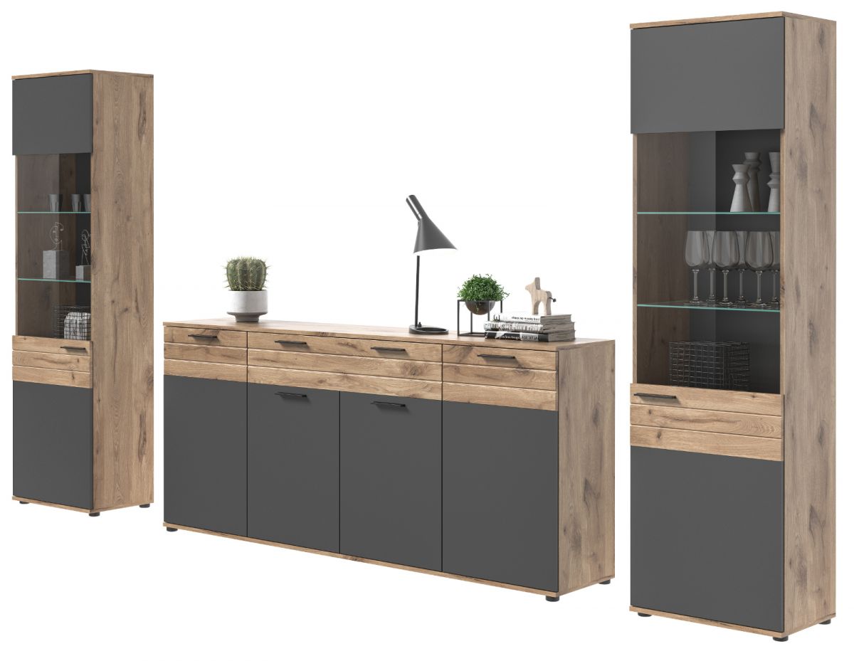 Wohnwand Tomaso in Eiche und grau 344 x 200 cm