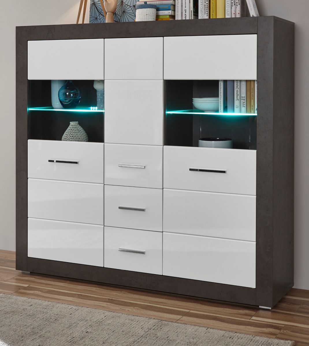 Highboard Briard in weiß Hochglanz und grau Stone 149 x 142 cm