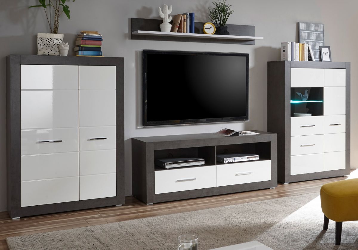 Wohnwand Briard in weiß Hochglanz und grau Stone 370 cm