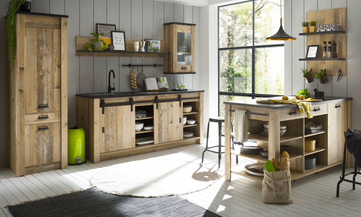 Küche mit Kochinsel Stove in Used Wood hell Set 6-tlg.
