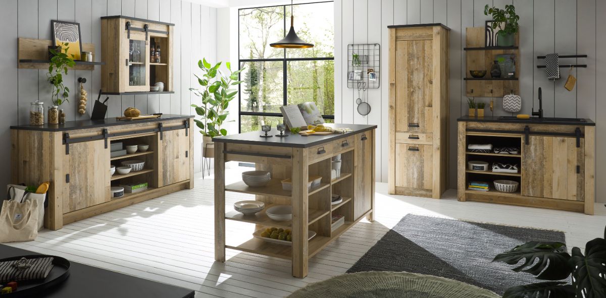 Küche mit Kochinsel Stove in Used Wood hell Set 7-tlg.