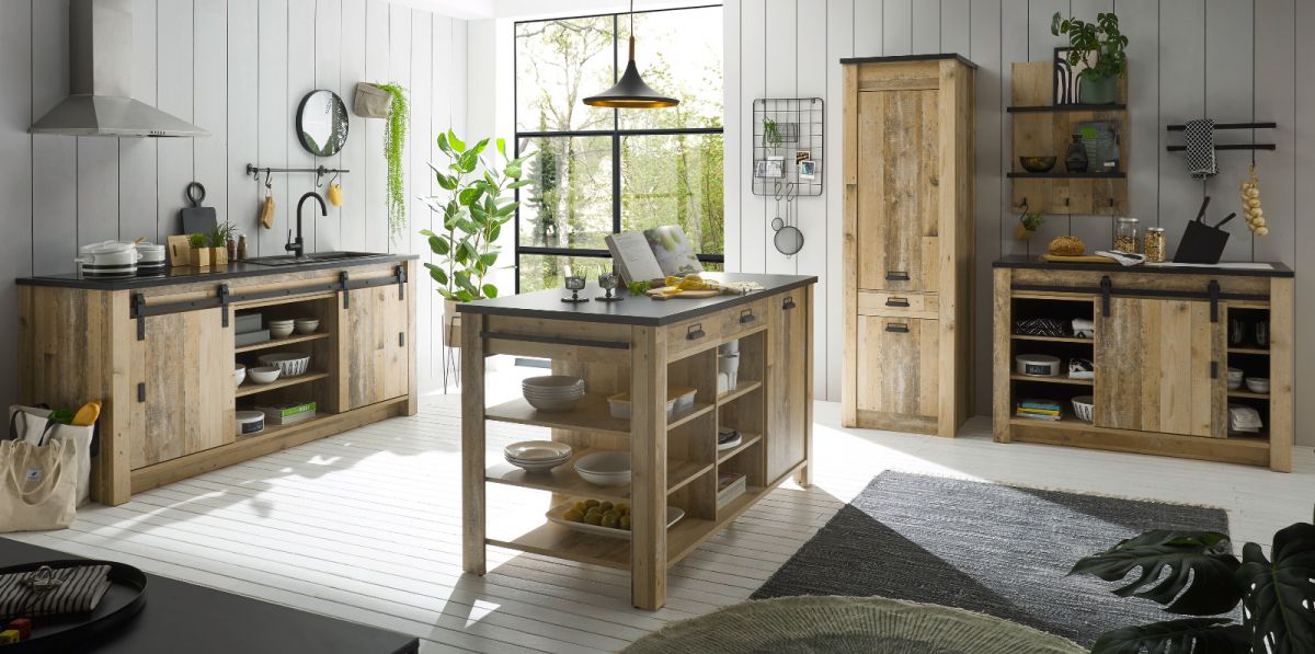Küche mit Kochinsel Stove in Used Wood hell Set 5-tlg.