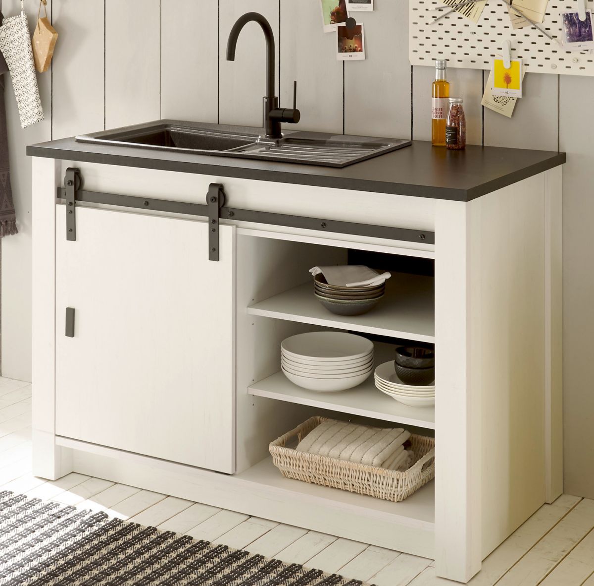 Küche Unterschrank Stove in weiß Pinie und anthrazit Landhaus 133 cm