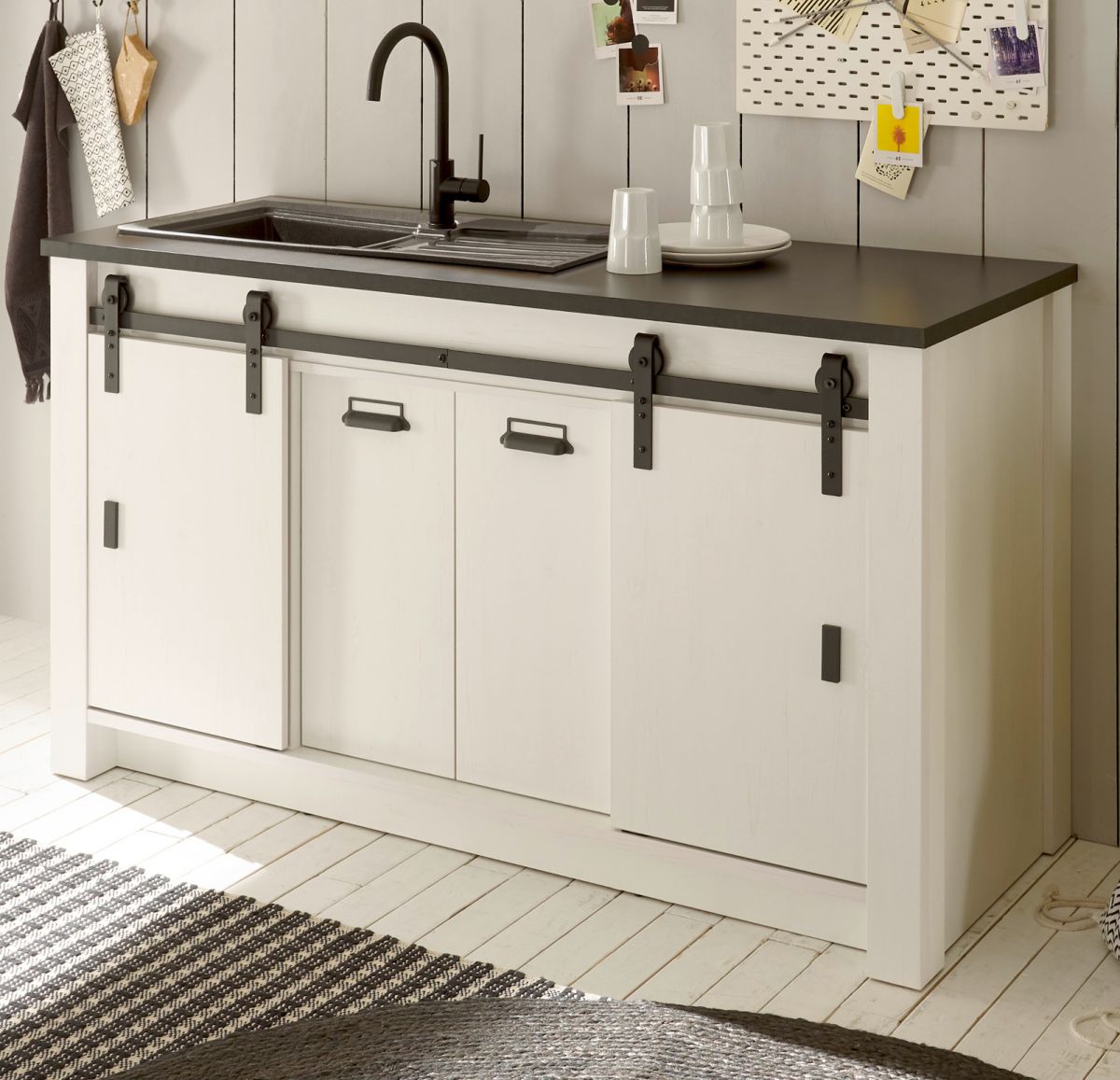 Küche Unterschrank Stove in weiß Pinie und anthrazit Landhaus 161 cm