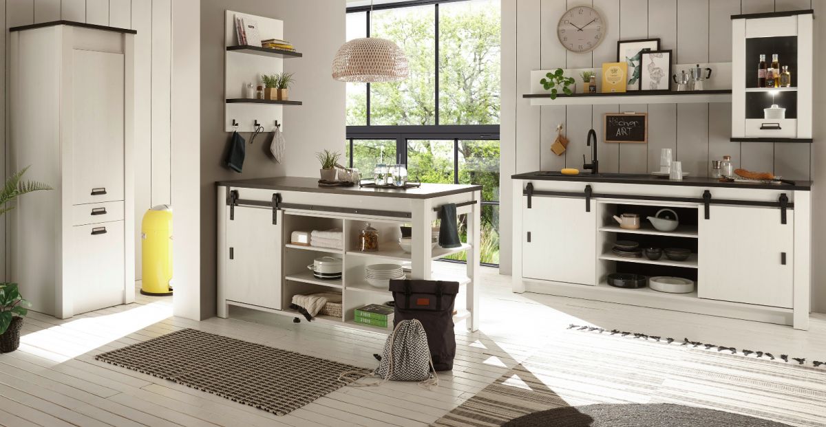 Küche mit Kochinsel Stove in weiß Pinie und anthrazit Landhaus Set 6-tlg.