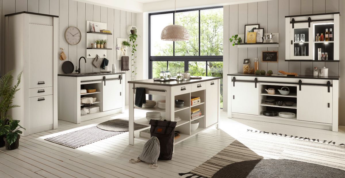 Küche mit Kochinsel Stove in weiß Pinie und anthrazit Landhaus Set 7-tlg.