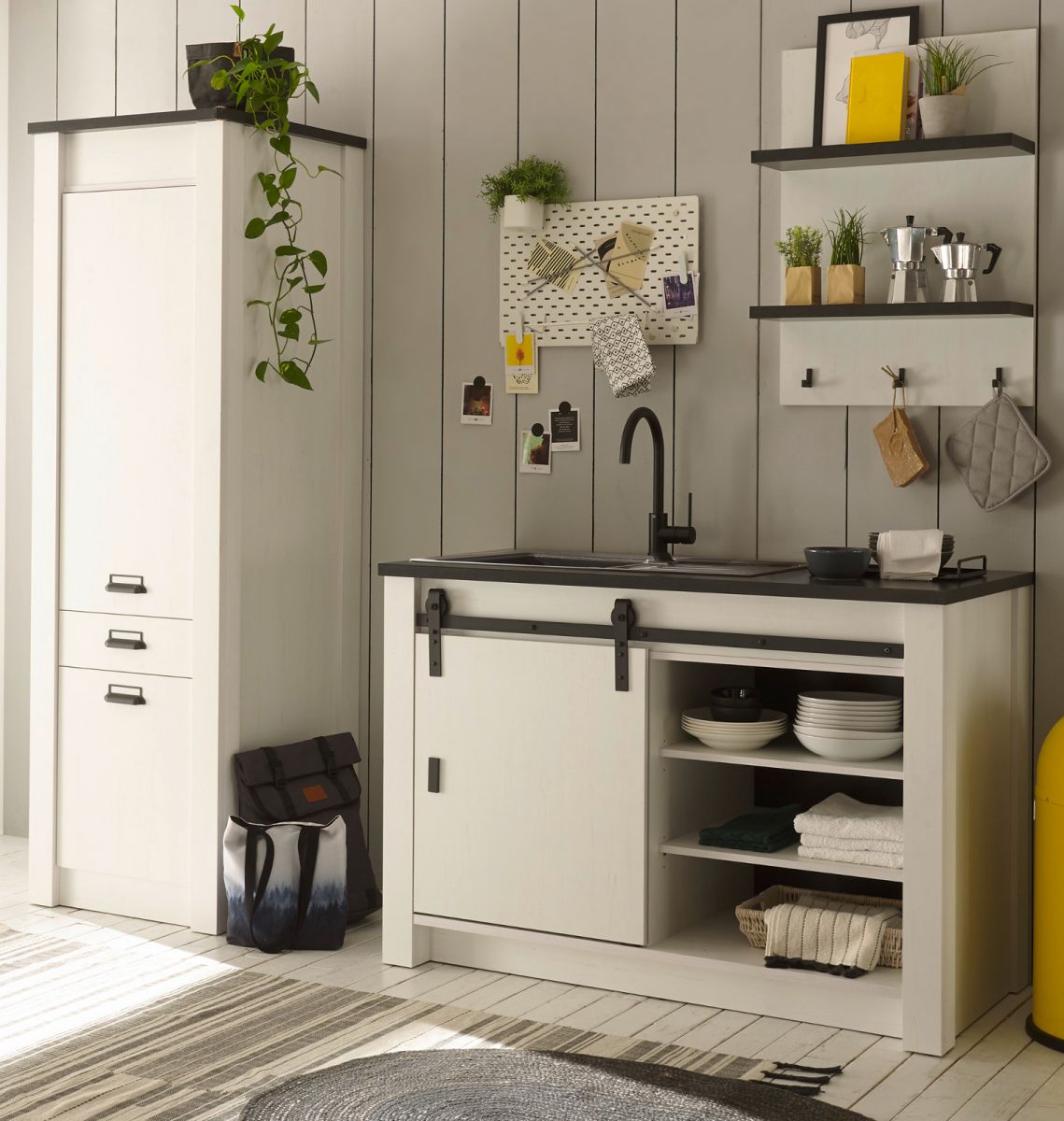 Küche Stove in weiß Pinie und anthrazit Landhaus Set 3-tlg.