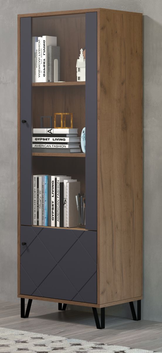 Vitrine Montez in Graphite grau und Eiche Kraft Gold 63 x 172 cm