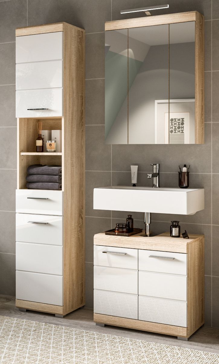 Badmöbel Set Mambo in weiß Hochglanz und Eiche 3-teilig 112 cm
