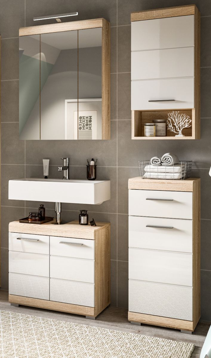 Badmöbel Set Mambo in weiß Hochglanz und Eiche 4-teilig 112 cm