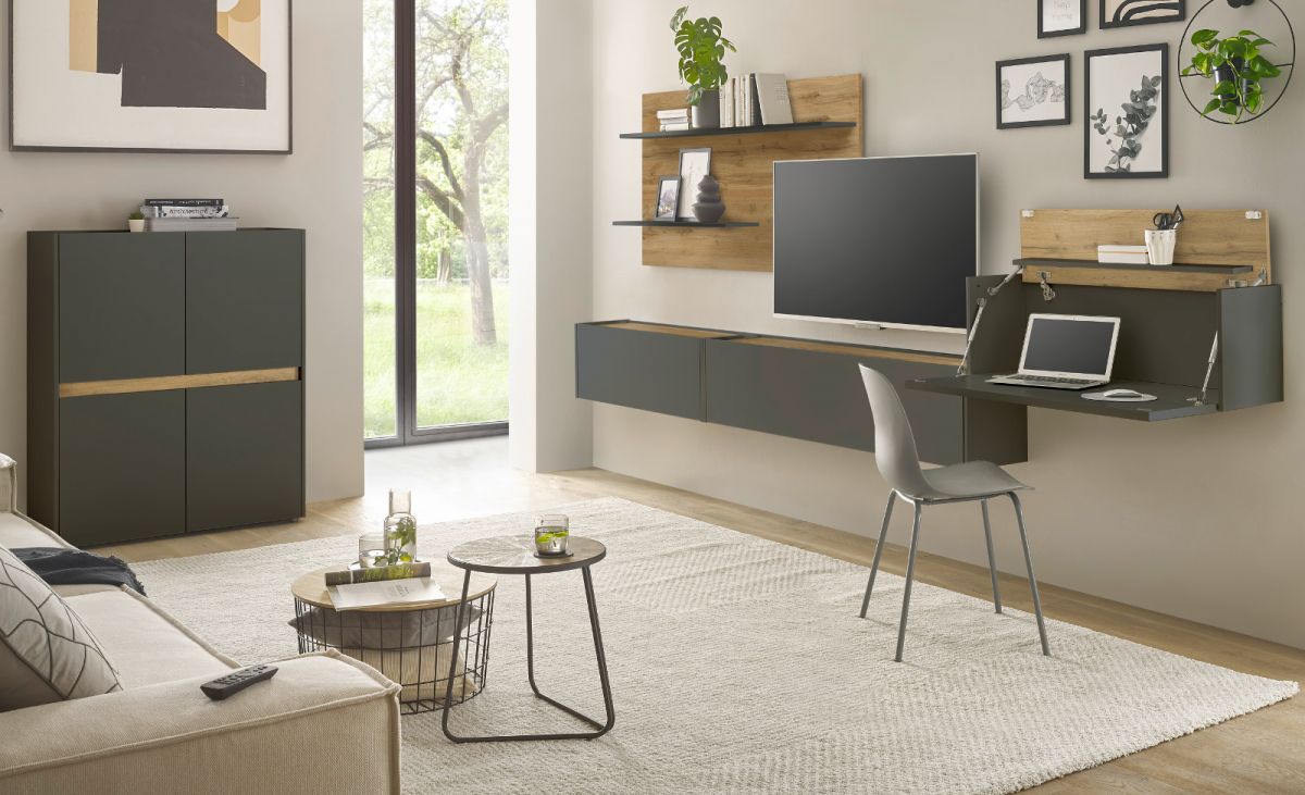 Wohnwand mit Sekretär Center in grau matt und Eiche Wotan 470 cm