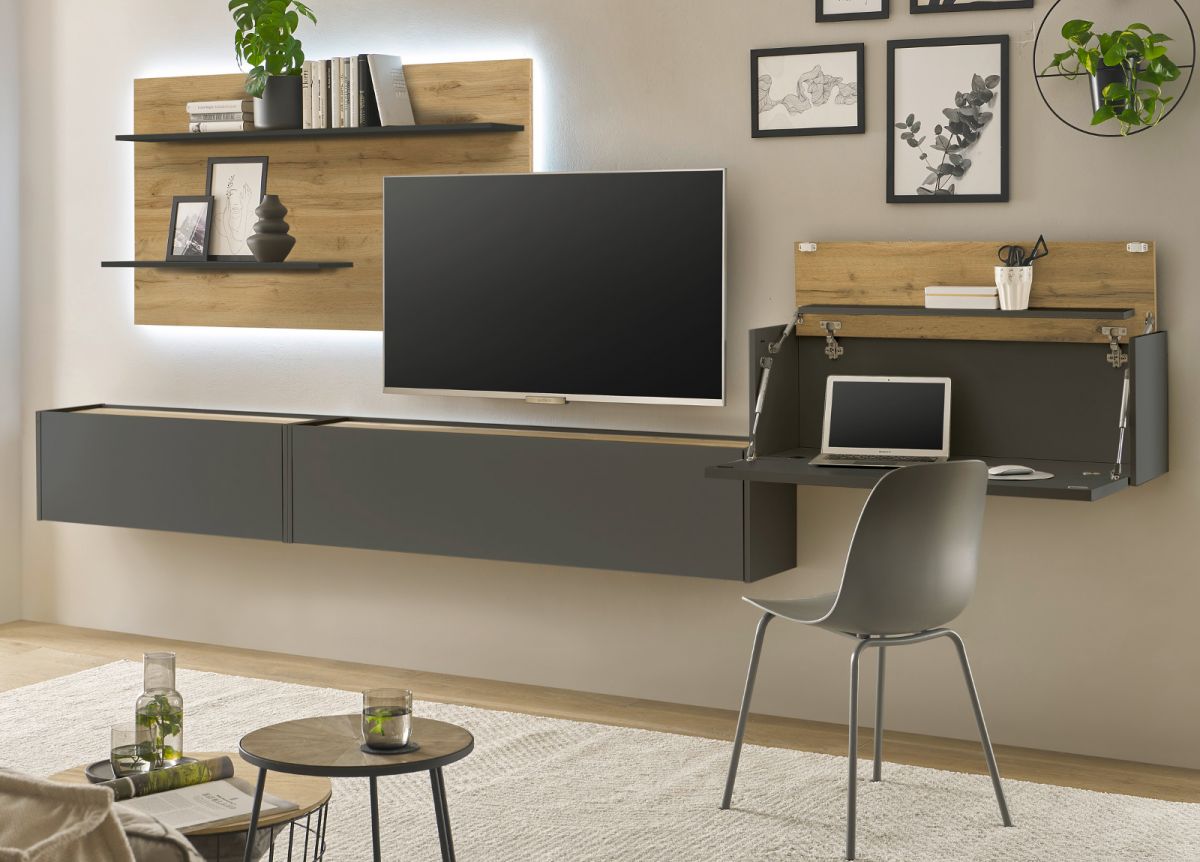 Wohnwand mit Sekretär Center in grau matt und Eiche Wotan 350 cm