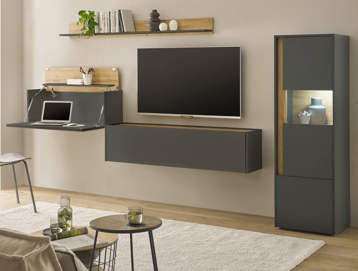 Wohnwand mit Sekretär Center in grau matt und Eiche Wotan 320 cm
