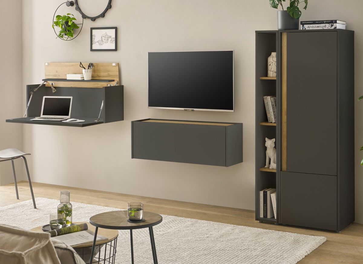 Wohnwand mit Sekretär Center in grau matt und Eiche Wotan 310 cm
