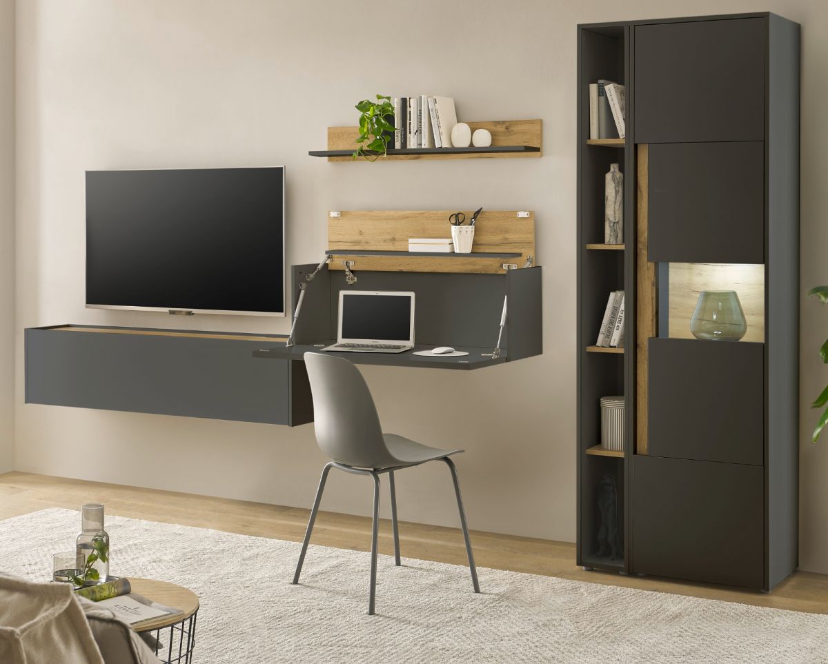 Wohnwand mit Sekretär Center in grau matt und Eiche Wotan 340 cm