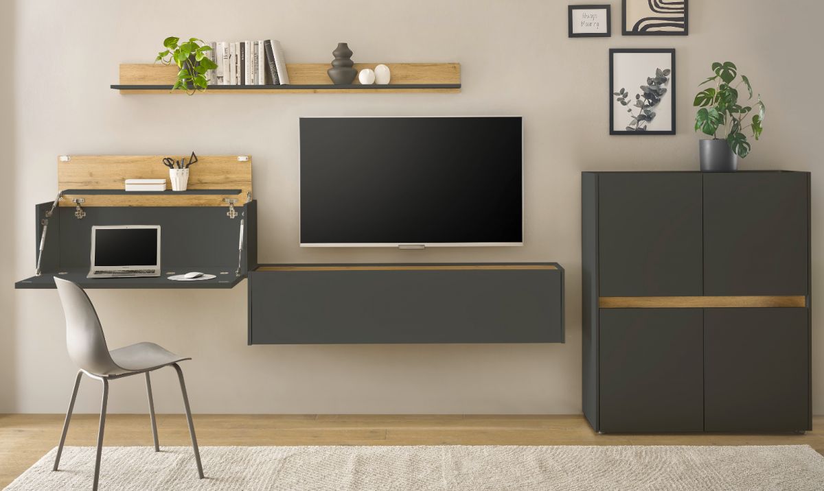 Wohnwand mit Sekretär Center in grau matt und Eiche Wotan 370 cm