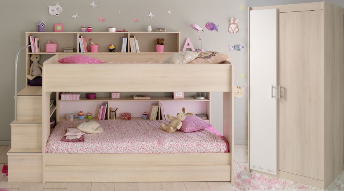 Parisot Kinder- und Jugendzimmer 'Bibop41' in Akazie Komplett-Set 3-teilig mit Etagenbett, Bettschubkasten und Kleiderschrank