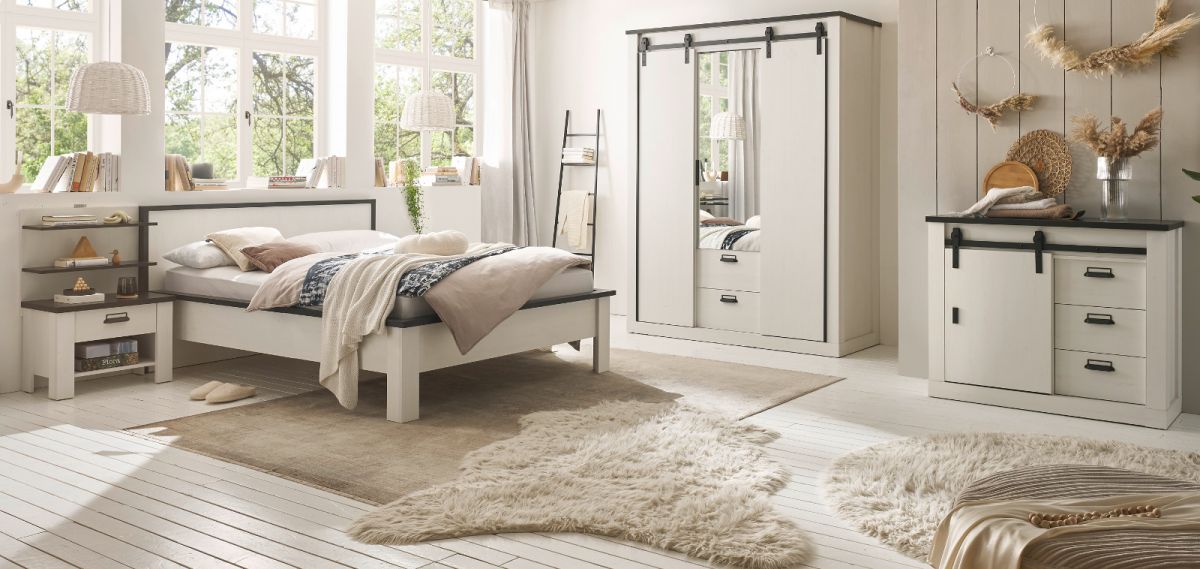 Schlafzimmer Set 5-teilig 'Stove' in weiß Pinie Landhaus mit Bett, Kleiderschrank, Nachttisch, Wandpaneel und Kommode