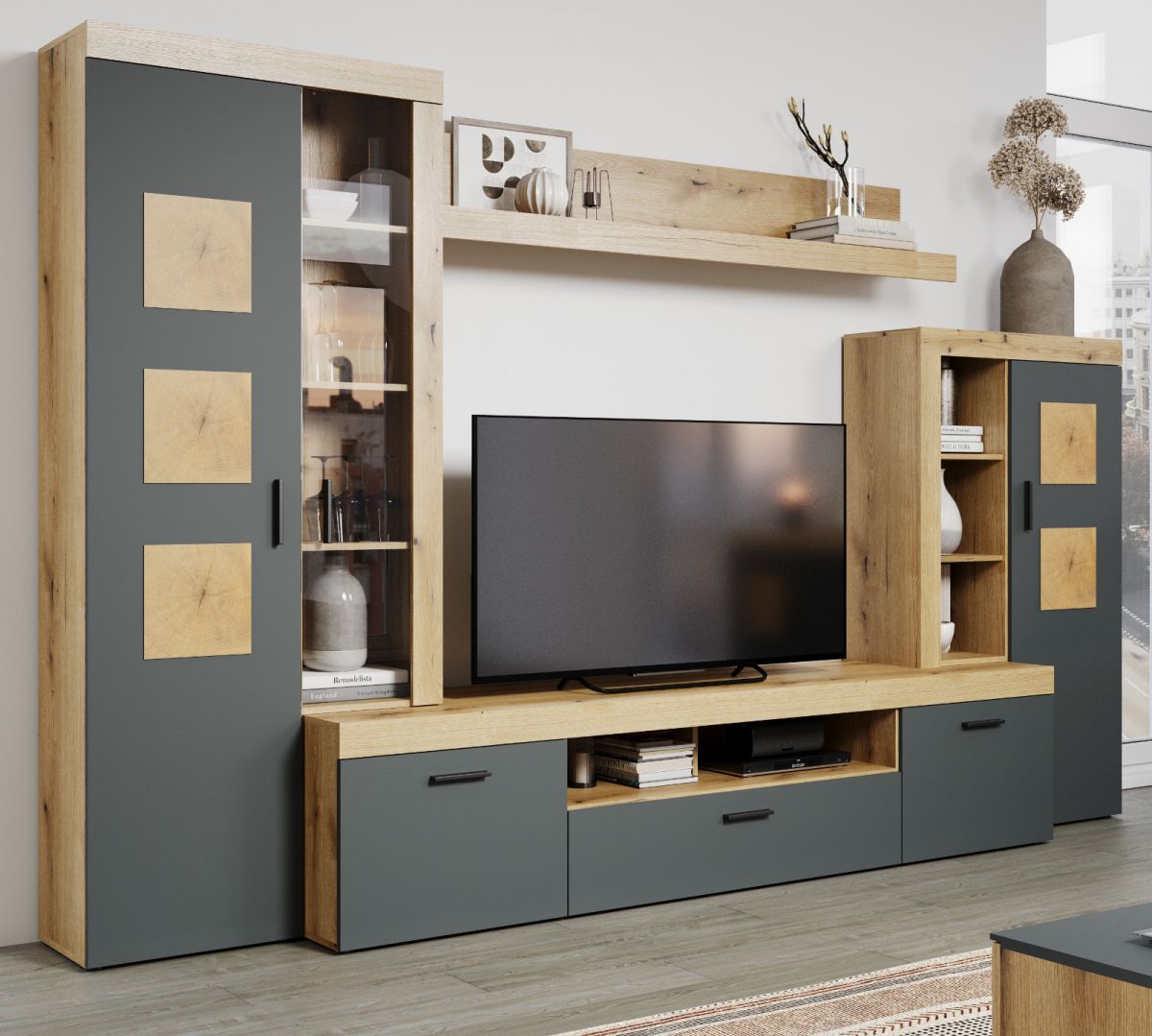 Wohnwand Tyler in grau und Eiche Evoke 330 cm