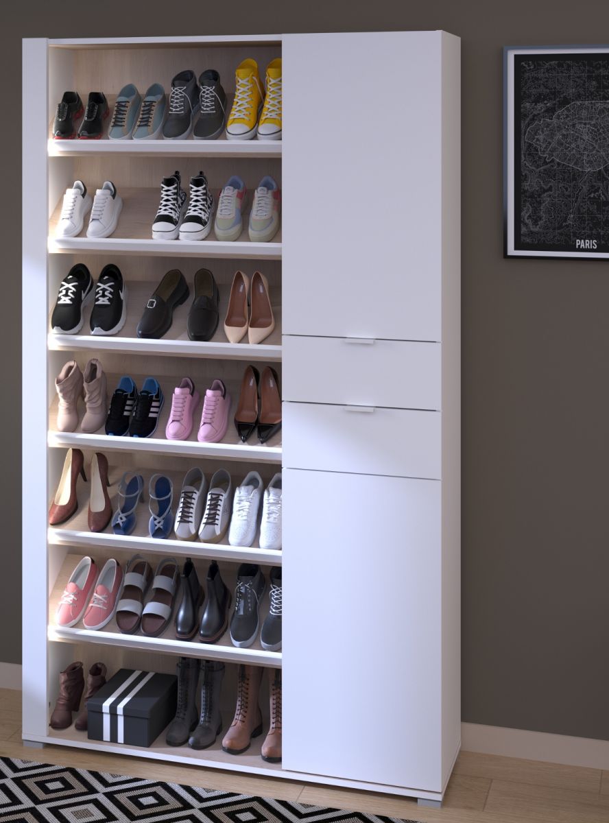 Schuhschrank 'Shoesing' in weiß mit Eiche Schuhregal inklusive LED Beleuchtung 110 x 186 cm