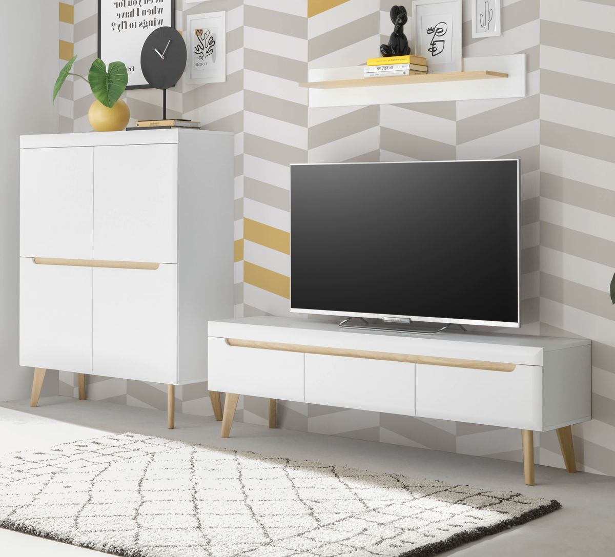 Wohnwand Isgard in weiß und Eiche 3-teilig 287 cm