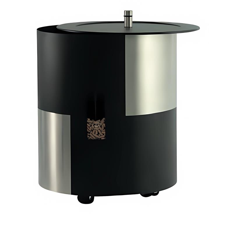 Pelletskorb edelstahl und schwarz farbig mit Deckel und Rollen