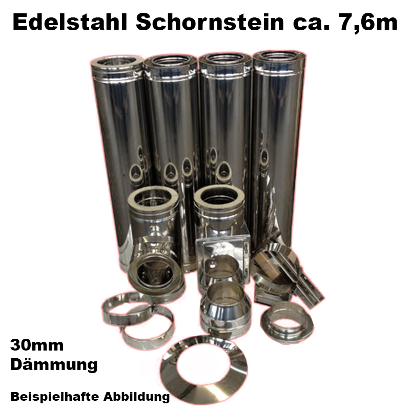 Schornstein-Set Edelstahl DN 130 mm doppelwandig Länge ca. 7,6m Wandmontage ohne Montage Material DW6