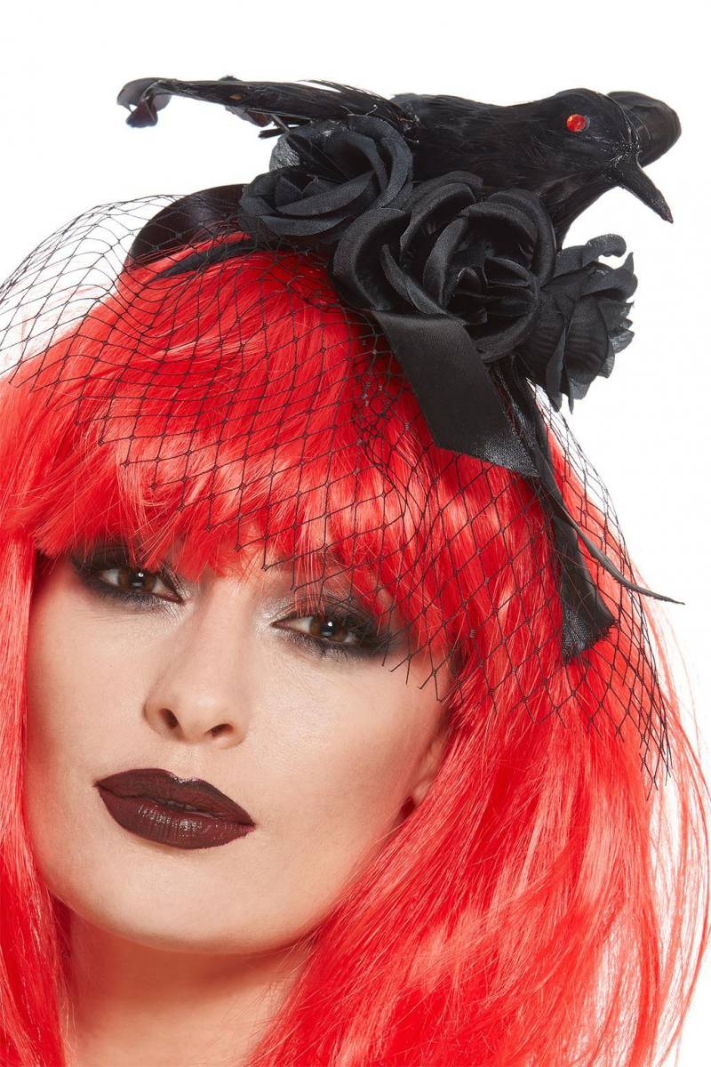 Schwarzes Krähen Haarband mit Schleier & Rosen