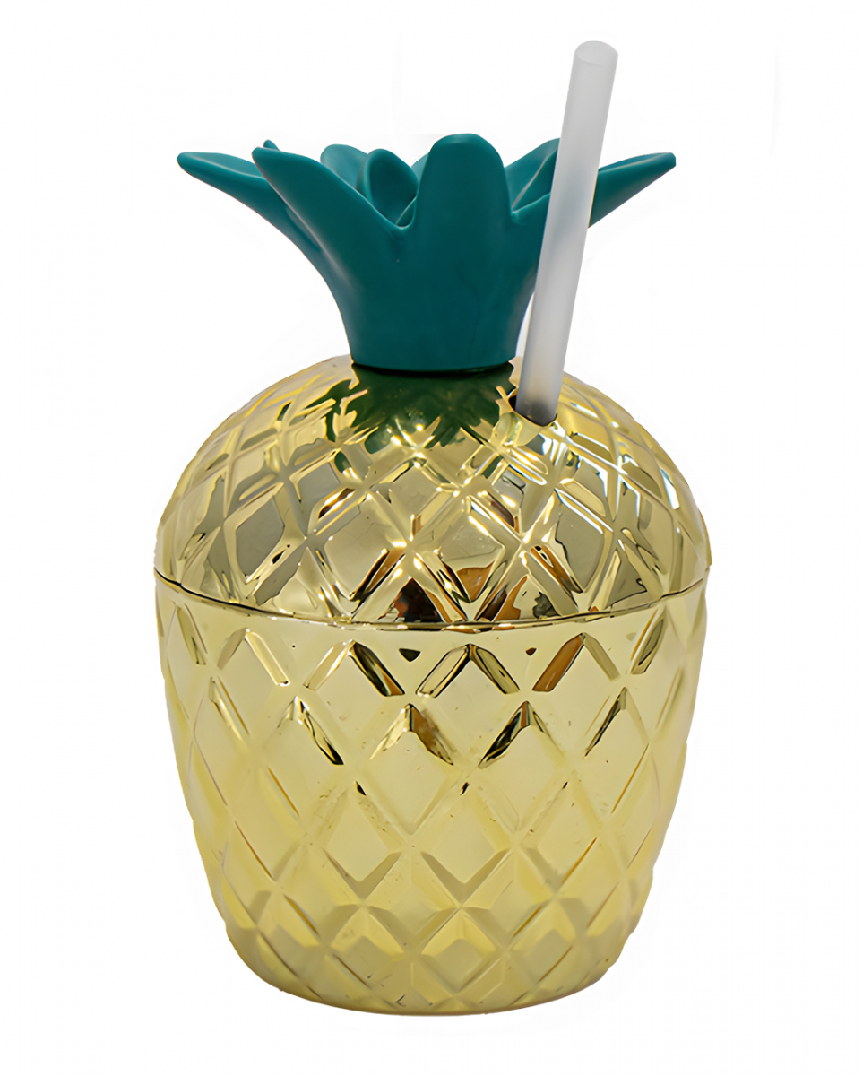 Ananas Partybecher mit Strohhalm Gold 250ml
