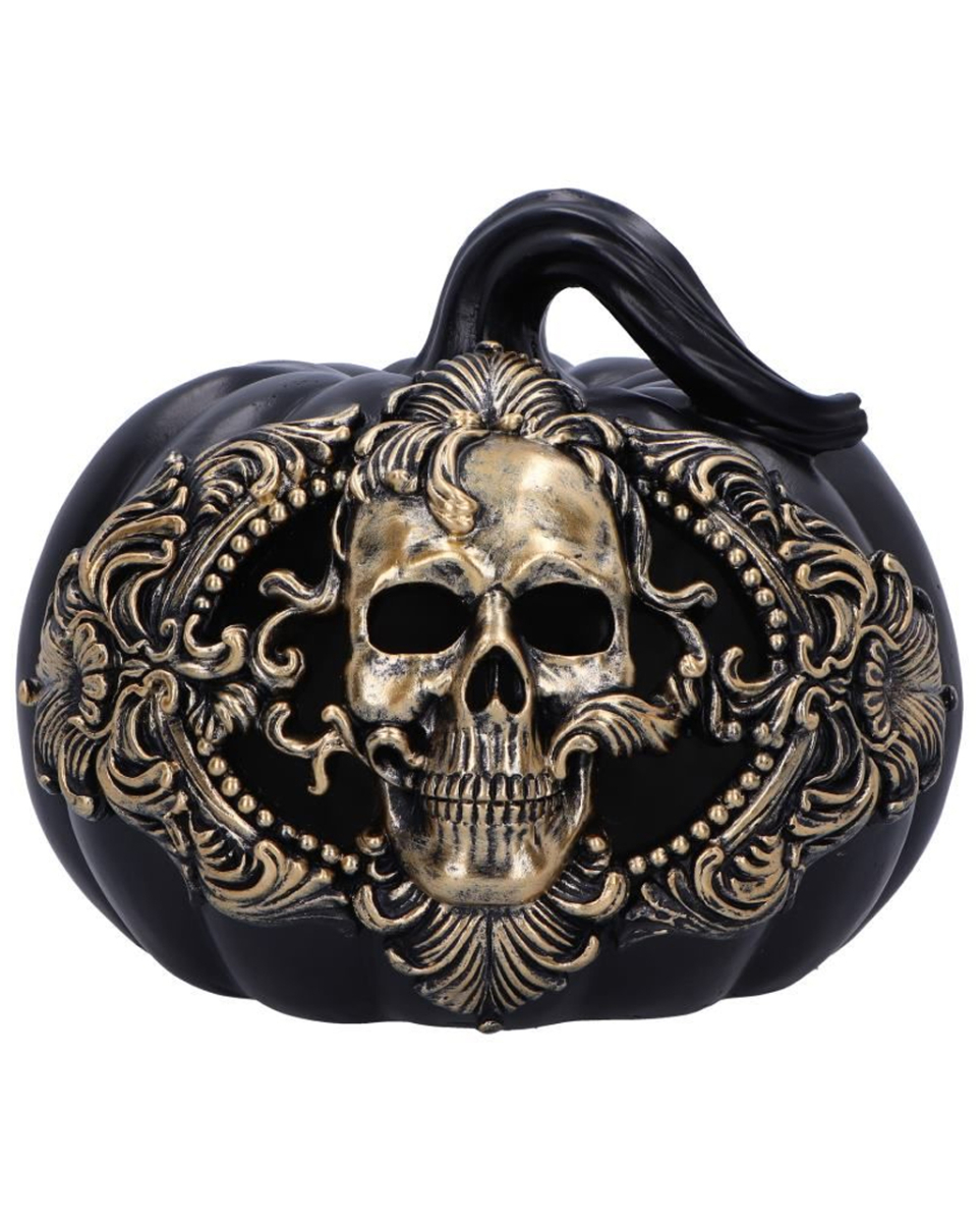 Schwarzer Barock Kürbis mit goldenem Totenkopf 20cm