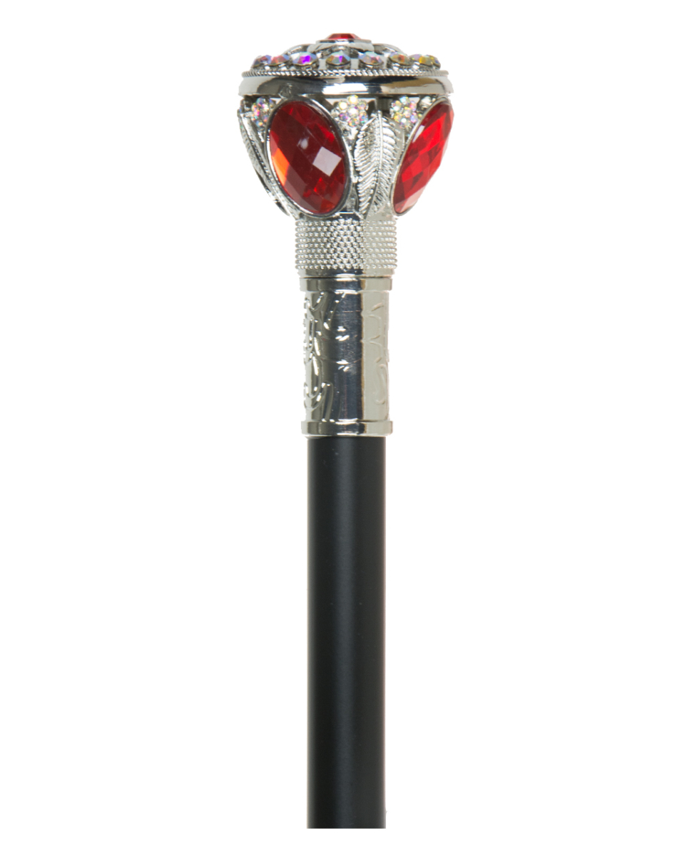 Spazierstock mit silberglänzendem Knauf & rotem Stein 95cm