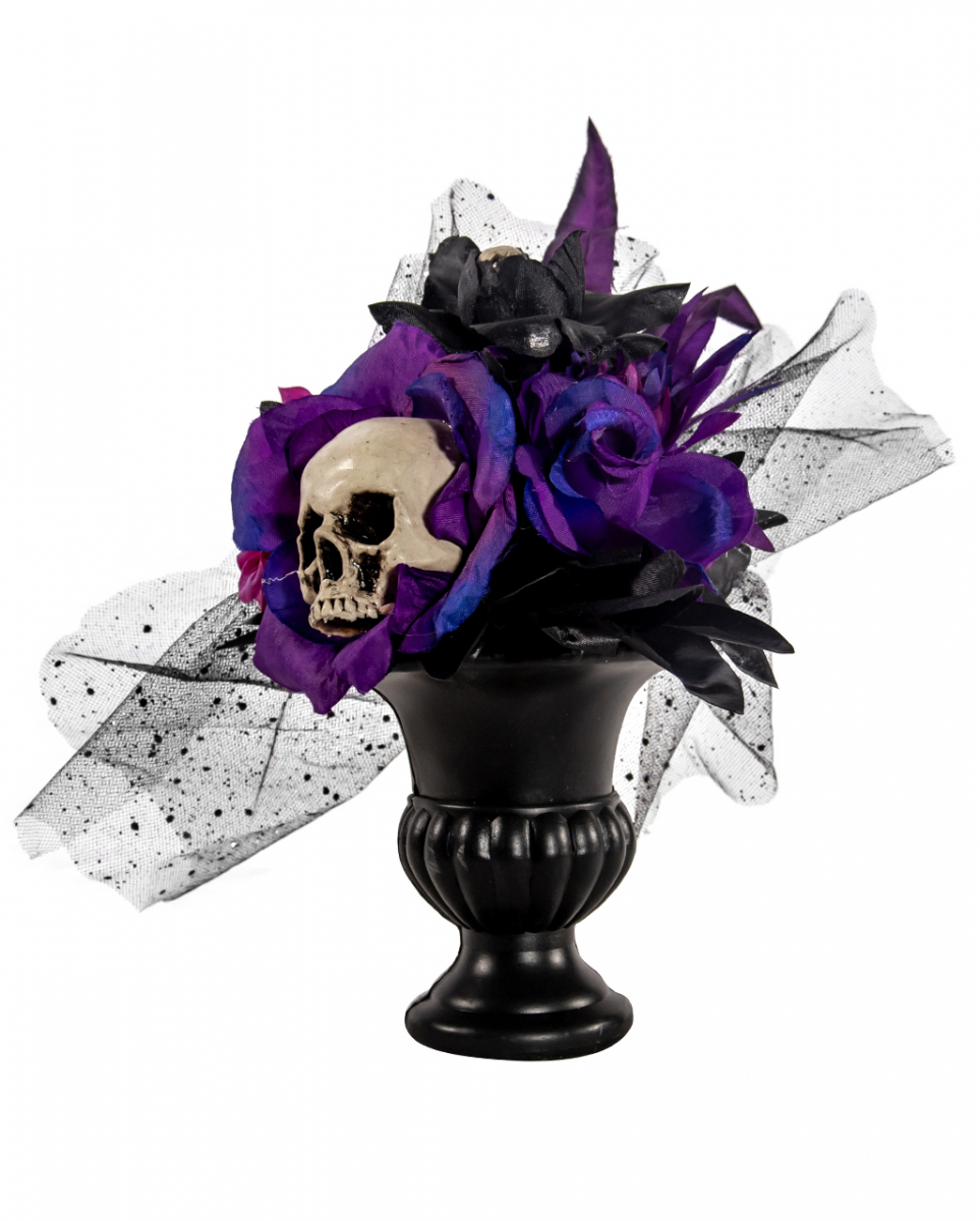 Gothic Blumenbouquet mit Violet-Schwarzen Rosen & Totenschädel 30cm