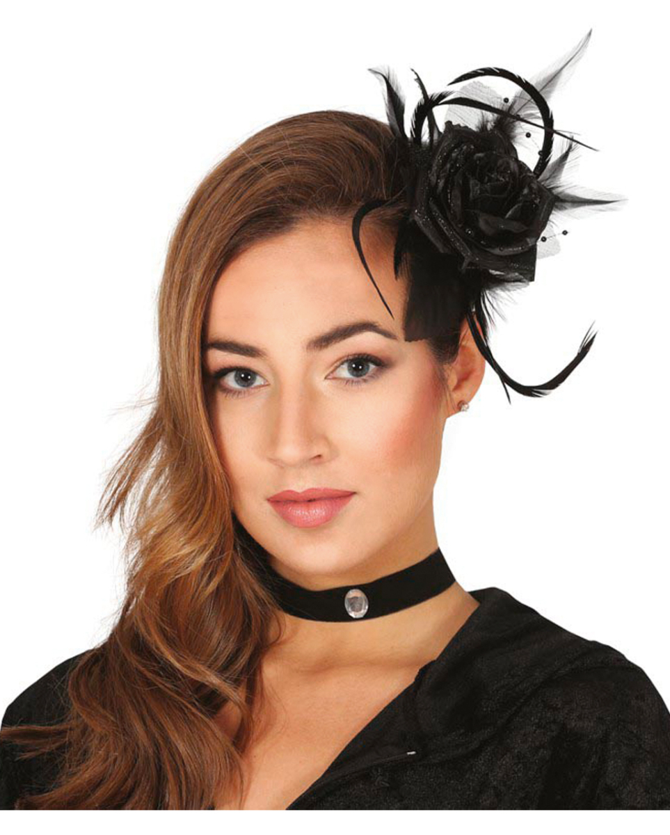Haarclip mit Schwarzer Rose und Federn