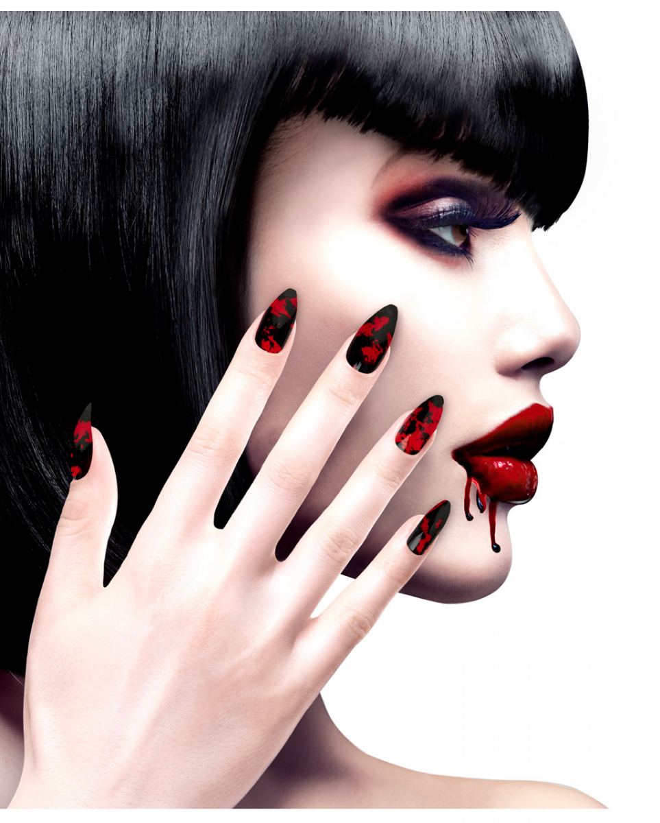 Schwarze Fingernägel mit Blutspritzer 12 St.