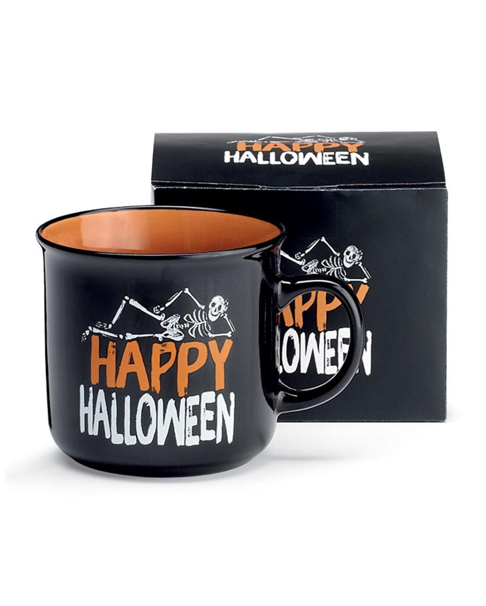 Schwarze Happy Halloween Lieblingstasse mit Skelett