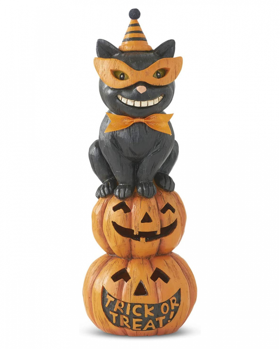 Schwarze Katze auf Halloween Kürbisstapel LED Figur 28cm