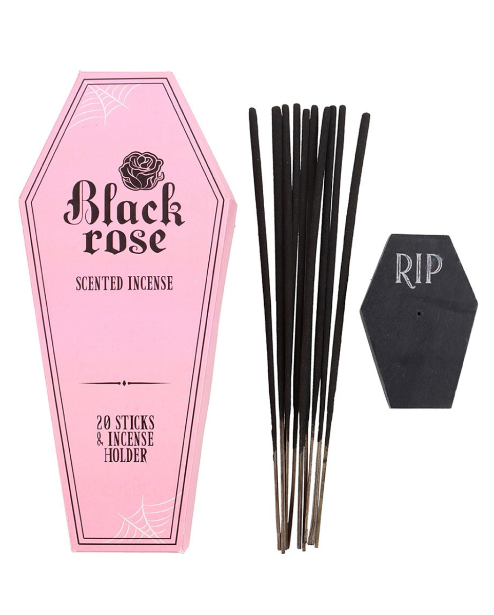 Schwarze Rosen-Räucherstäbchen mit Sarghalter