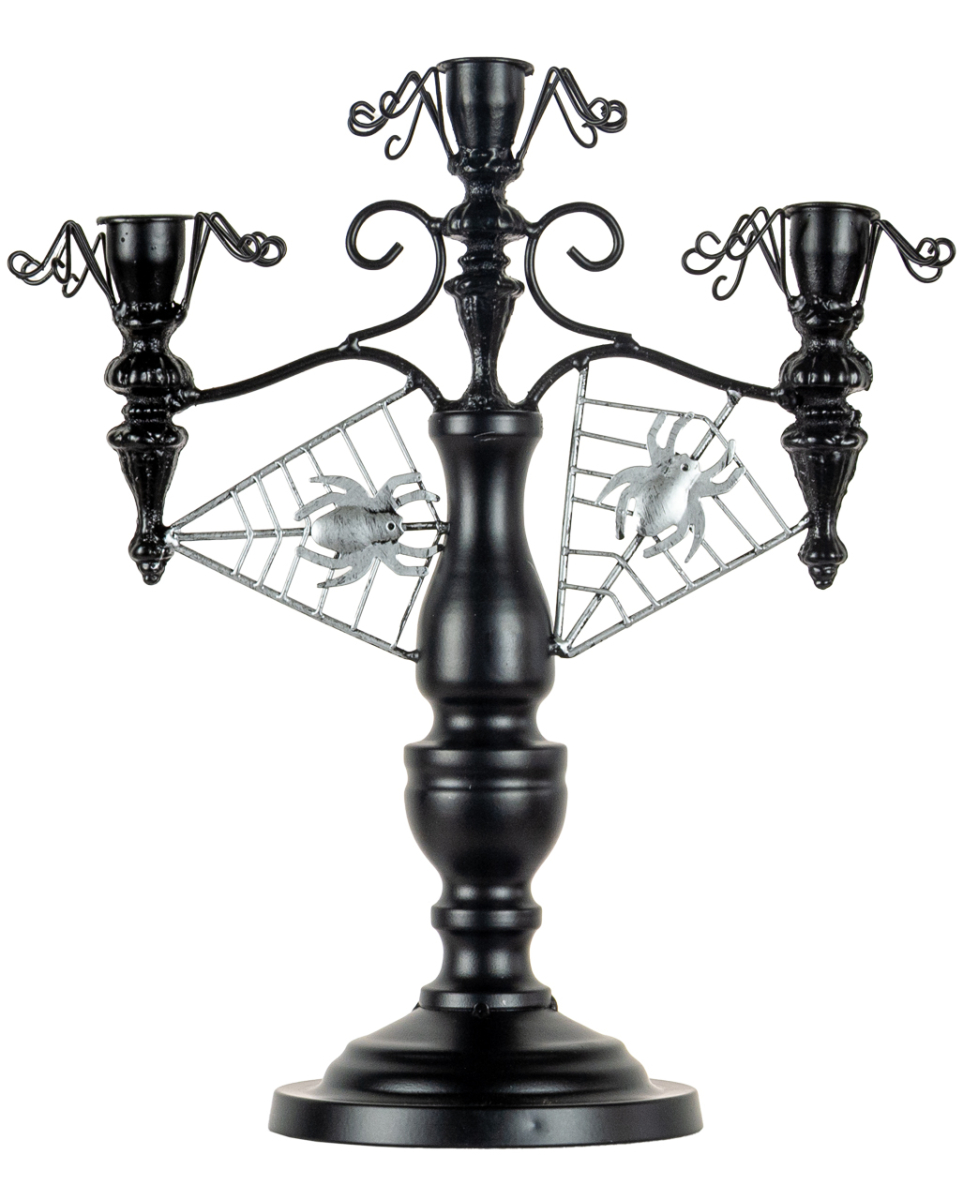 Schwarzer 2-armiger Halloween Metall-Kerzenständer mit Spinnen 32cm