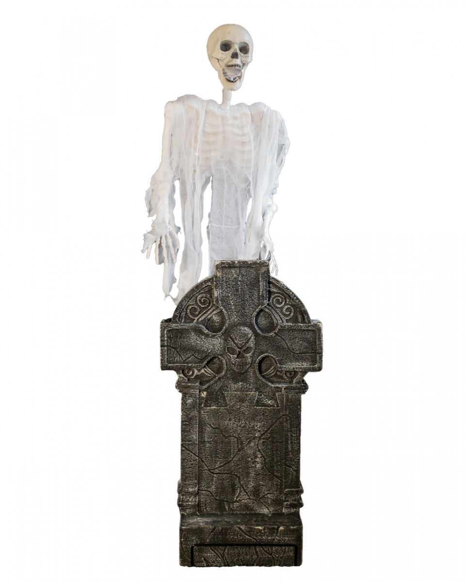 Schwebender Skelettgeist über Grabstein mit Licht & Sound 175cm