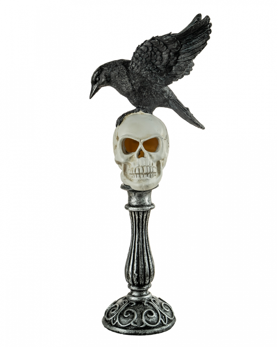 Totenschädel Büste mit Rabe mit Gespreizten Flügeln & LED 35cm