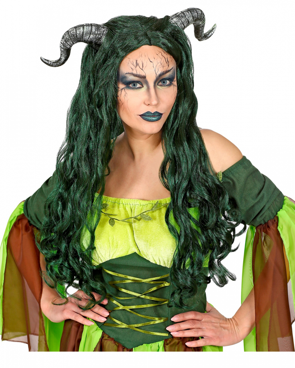 Lange Naturhexen Perücke mit Hörnern