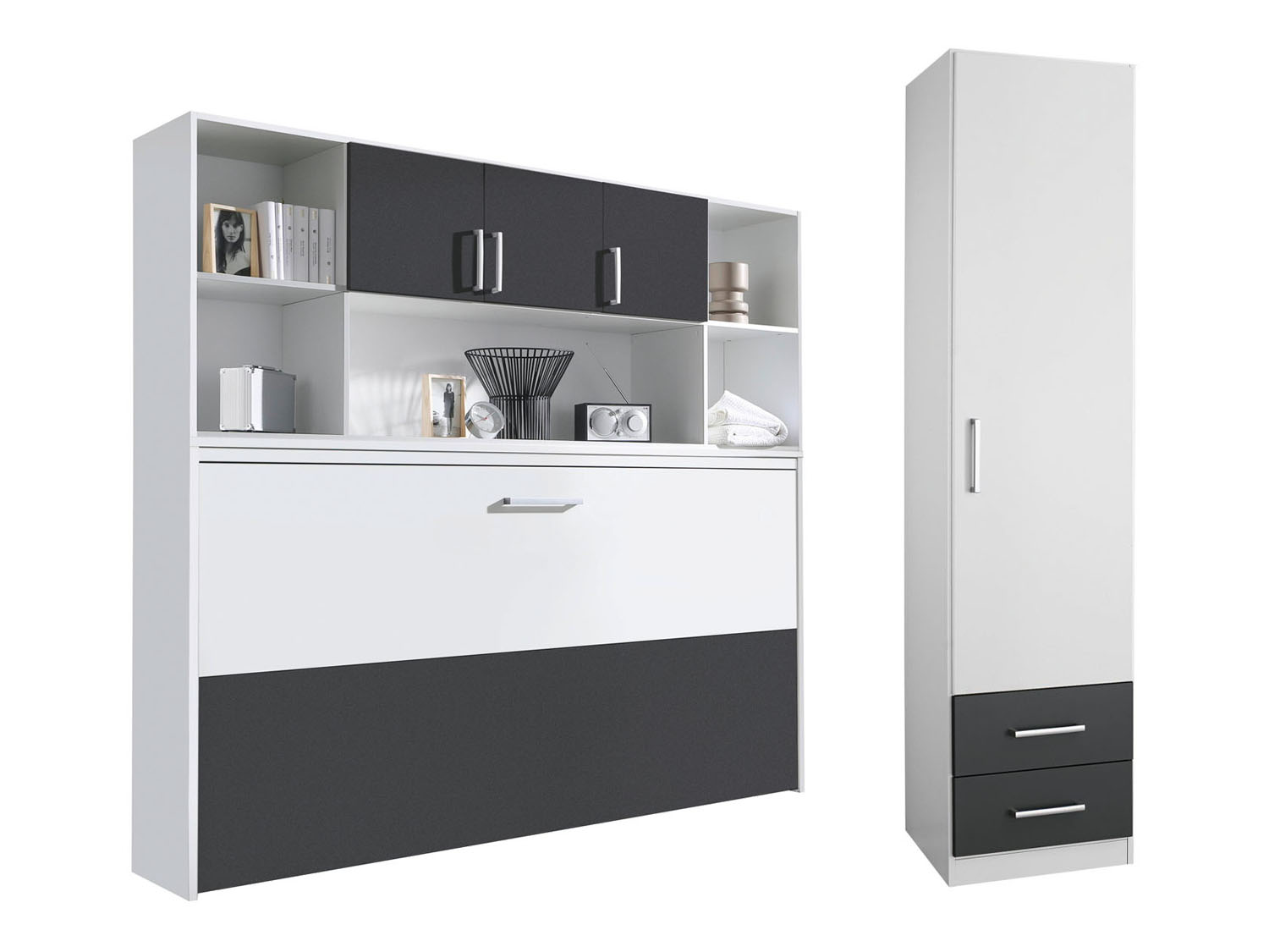 rauch ORANGE ALBERO Querklappbett mit Regalelement und Schrank (Schrank: 1-türig, Alpinweiß, Grau-metallic)